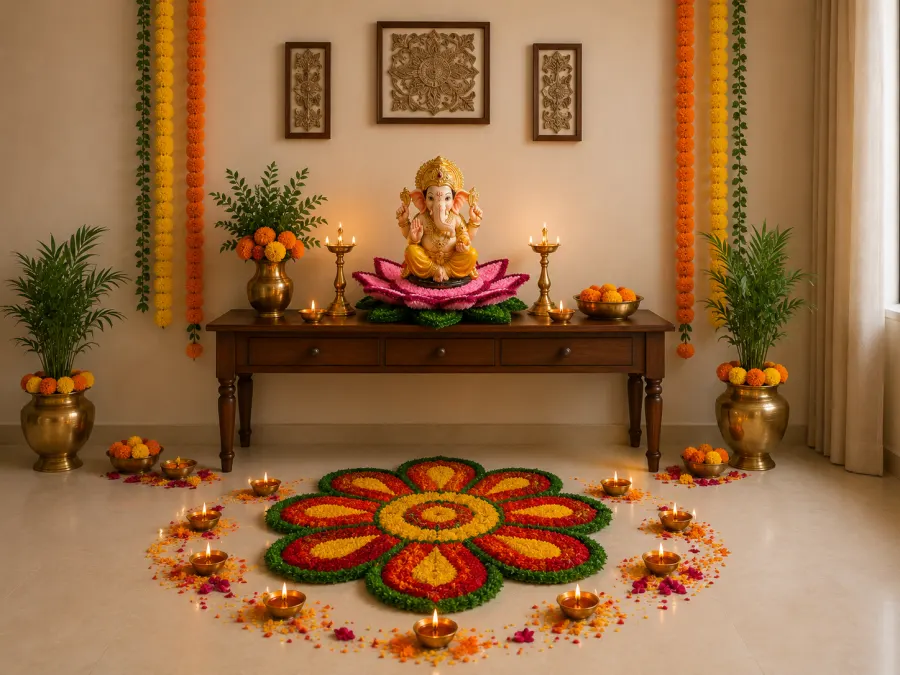Floor beautifully decorated with Rangfuroli Ganpati mat